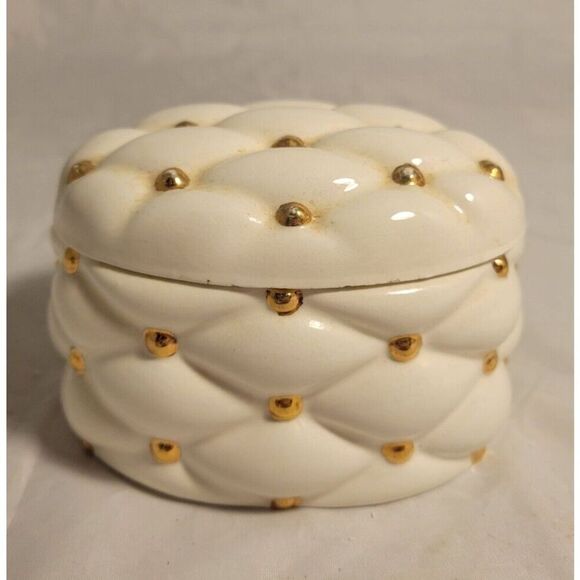 VTG HOLLAND MOLD HANDMADE WHITE DIAMOND & GOLD CUSHION STYLE TRINKET BOX & LID - Picture 2 of 10